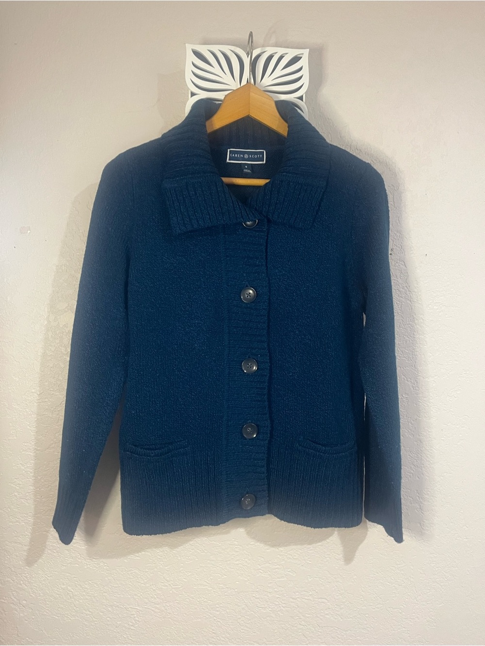 Karen Scott Dark Blue Button-Up Cardigan with Patch Pockets